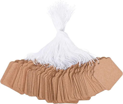 1000PCS Price Tags with String, Gift Tags with String Attached, 1.8 x 1.4 inch Kraft Paper Hang Labels for Clothes DIY Crafts Wedding Holiday (Brown)