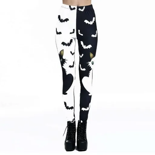 House Of Dasein Cat Bat Printed Leggings Gothic Black White Pants Women - Black - Xxxl