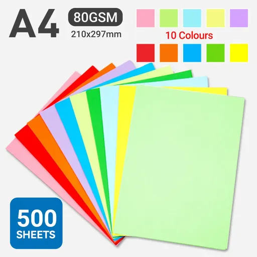 A4 Coloured Paper 70/80GSM Multi Colours for Craft Scrapbook School Project - 10-Colour