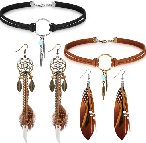 2 Sets Native American Jewelry Set for Women 2 Pieces Faux Suede Choker Necklace Faux Leather Choker and 2 Pairs Bohemian Artificial Feather Earrings Boho Dream Catcher Earring Western Jewelry