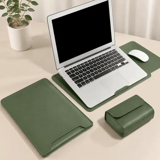 4 in 1 Green Soft PU Leather Laptop Sleeve with Stand, Mouse Pad and Power Pouch - Lightweight Portable Case for 12/13.3 Inch Laptops
