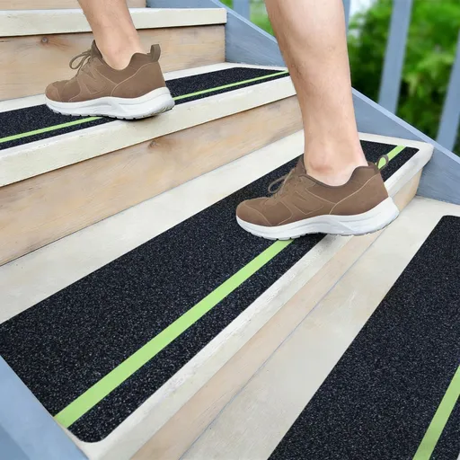 6"x32" Anti Slip Traction Treads 10 Pack, with Glow in Dark Stripe, Best Grip Tape Grit Non Slip, Outdoor Non Skid Tape, High Traction Friction Abrasive Adhesive for Stairs Step - Black-Green - Size 6"x32"