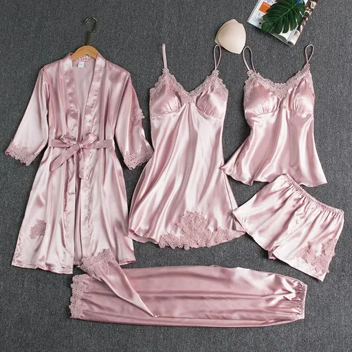 Women Five Piece Sleepwear Set Polyester V Neck Pink