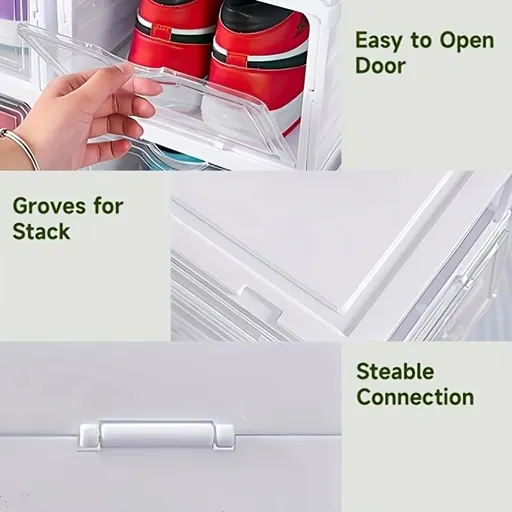 White Black foldable shoe storage boxes, transparent shoe boxes, shoe storage Australia, wardrobe organisers, stackable shoe boxes, collapsible shoe containers, shoe protection boxes, clutter-free storage, home organisation Australia
