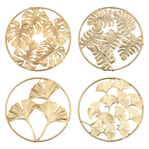 4 PCS Round Wall Ornaments Easy Installation Gold Metal Leaf Wall Decor for Bedroom Hanging Parts Hotel Decoration (7.5 in,Gold)