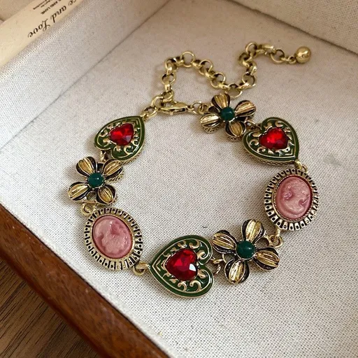 Gold Bracelet with Green Stone | Christmas Nature Vintage Gift | Green Rhinestone Flower Heart Bracelet Retro Elegant