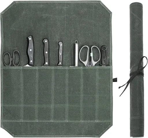 Chef Tools Protector - with 7 slots - Chef's knife roll bag - Knife bag - Waxed canvas knife bag - Cookware - knife case - knife holder - storage bag - cutlery tool roll bag - for camping - (Knives Not Included) - 45*56 cm - green
