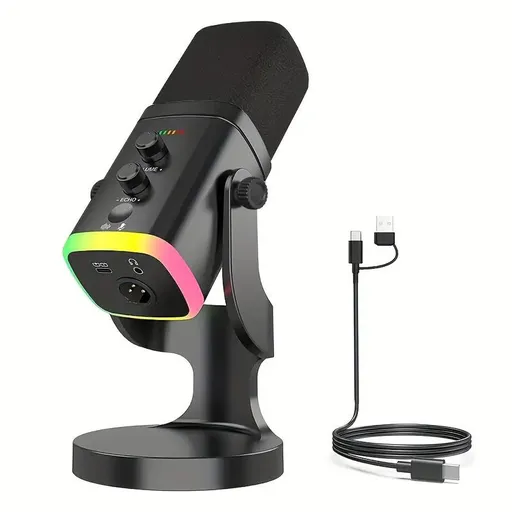 YU8 Dynamic Microphone, XLR/Type-C Dual Mode, Built-in HiFi Sound Card, 48kHz HD Sampling, RGB Lighting, Reverb Monitoring, for Streaming, Karaoke & Gaming。（black)