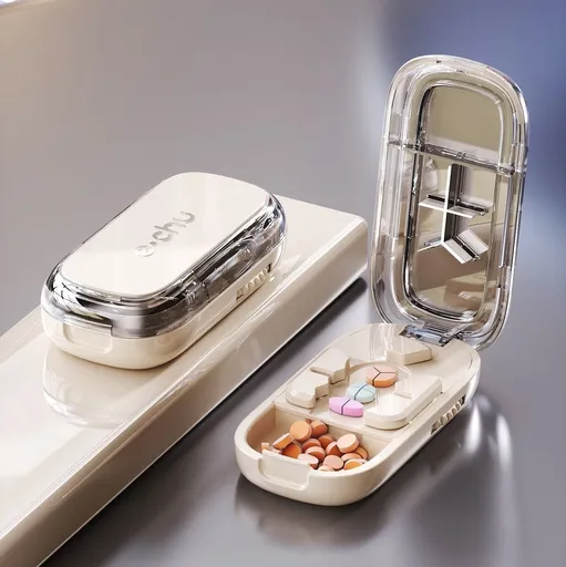 Pill Cutter 2 Piece Portable ABS Tablet Divider Multi Cutting Options Cream White