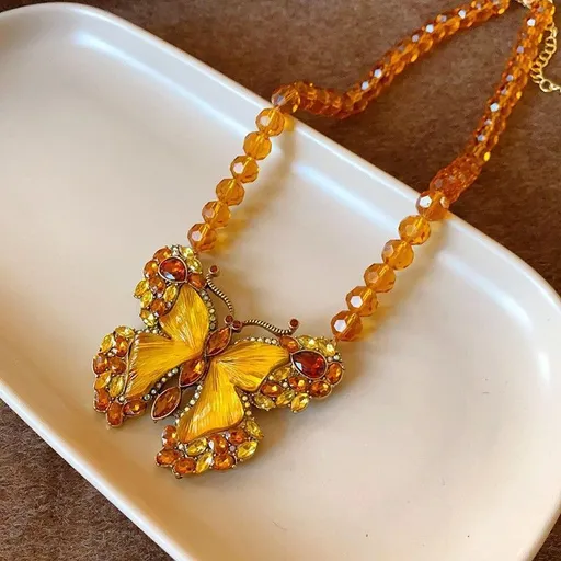 Gold Necklace with Yellow Stone | Halloween Sunny Chic Gift | Yellow Rhinestone Flower Heart Necklace Bright Retro Jewelry