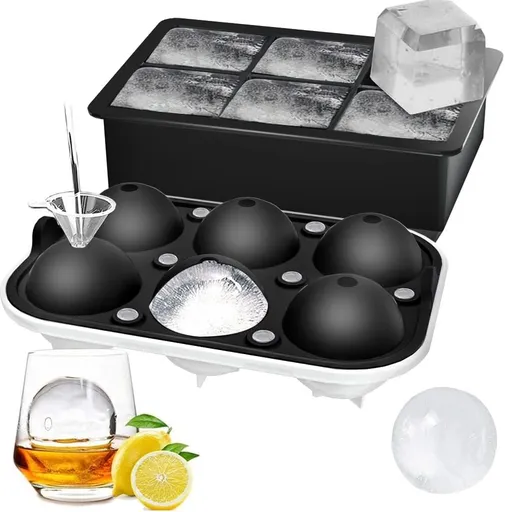 2-Pack Silicone Ice Molds Set: 6-Cavity Sphere & Square Trays with Lid and Funnel—For Whiskey, Cocktails, and Beverages—Flexible Design, Easy Release, Home Bar Essential—Black Finish (Black)