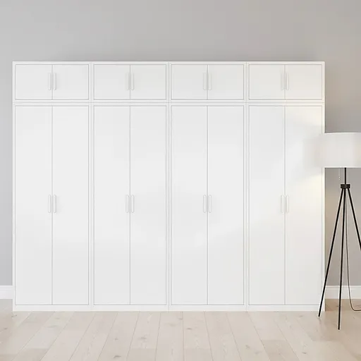 320x240cm 8-Door White Steel 1 Hanging and 3 Shelf Wardrobe with White Handle Storage Cabinet