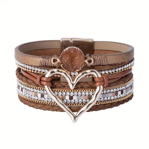 Bohemian Braided Leather Bracelet, Multi-layer Design with Metal and Crystal Accents, Rose Gold Square Clasp with Heart Crystal, Embodying Casual Romantic Exotic Charm.(brown)