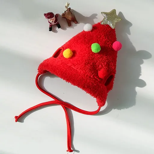 Pet Christmas Hat Bandana Wearable Accessories Red Hat with Colorful Balls S (Suitable for 2-8 lb Pets)