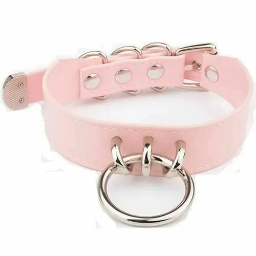 House Of Dasein Bdsm Pink Faux Leather Silver Gold Ring Kitten Submissive Collar - Pink With Silver