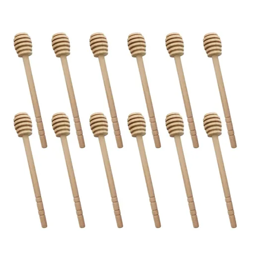 Set of 12 Beige Wood Honey Dipper Sticks with Spiral Ends for Home, Jar, and Baking Use