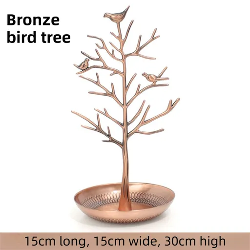 Bronze Detachable Alloy Jewelry Stand Deco with Bird-Tree Shaped Branches and Thickened Lotus Base Tray for Earrings, Chain Necklaces, Bracelets and Rings Storage