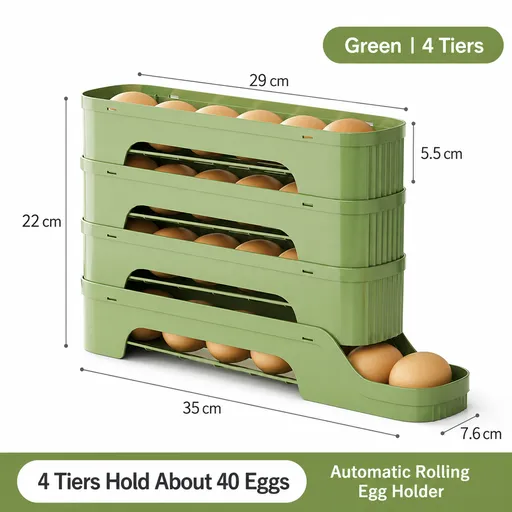 4-Tier Green Rolling Egg Storage Box - Grade PP Plastic - Automatic Dispensing, Space Saving Fridge Organizer, Detachable Design for Kitchen and Refrigerator Door