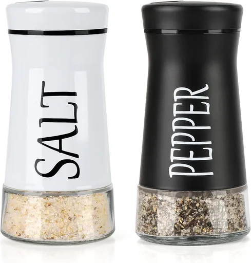 Salt and Pepper Shakers with Adjustable Pour Hole, Stainless Steel Salt Pepper Shaker Dispenser with Glass Bottom for Kitchen Cooking, RV, Camp, BBQ