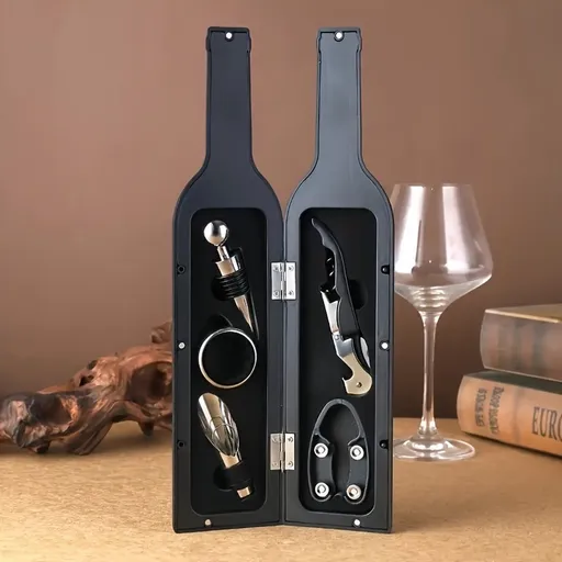 5 Piece Wine Opener Set With Corkscrew Foil Cutter Pourer Drip Ring And Bottle Stopper, Gift Kit For Wine Lovers, Black Bottle Case