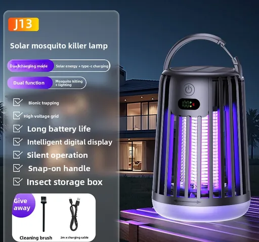 Solar Bug Zapper & Camping Light - 2000V Electric Mosquito Killer with Type-C USB Charging - Portable Insect Trap for Outdoor Patio Garden & Camping - Smart Battery Display - Black