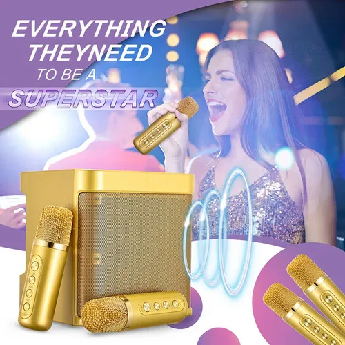 Gold Karaoke Machine with 2 Wireless Microphones Bluetooth-Compatible 5.0 for Parties
