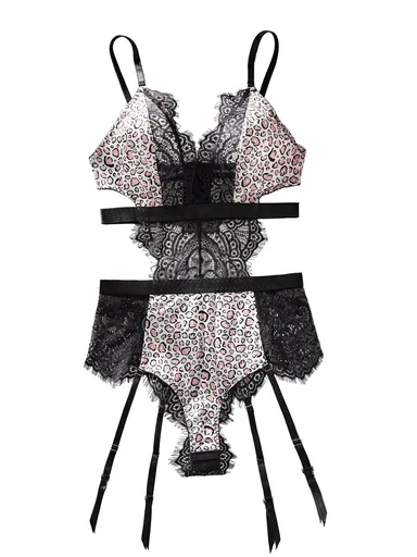 House Of Dasein Lace Patchwork Leopard Print Fabric Low Cut Without Steel Ring Sexy Lingerie For Women - Black Leopard Pattern Color - L