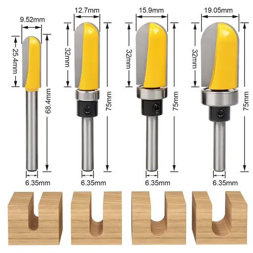 4Pcs 1/4" Shank Carbide Round Nose Groove Router Bit Set Template Router planing Head Set with Ball Bearing Engraving Router