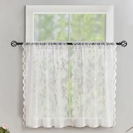 Vintage Lace Kitchen Curtains 2 Panels, Romantic Semi Sheer Floral Over Sink Lacy Cafe Curtain, Elegant Window Short Small Drapes, 75*60cm, Pure White