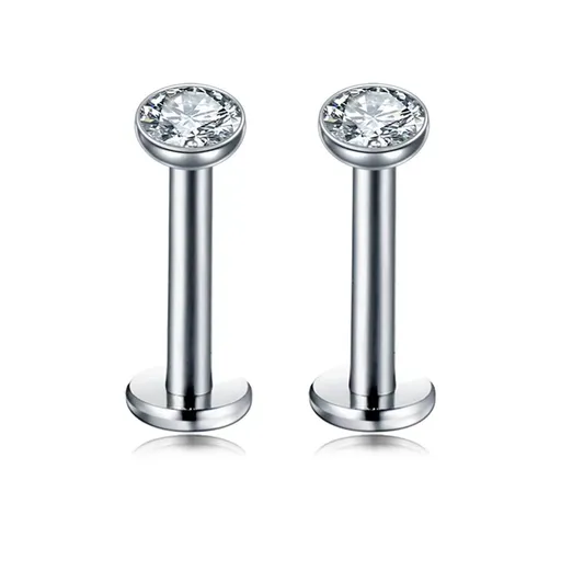 2 PCS Internally Threaded Labret Studs - 16G 8mm Stainless Steel Flat Back with 3mm CZ Crystal - Silver Tone Body Piercing for Lip Tragus Helix
