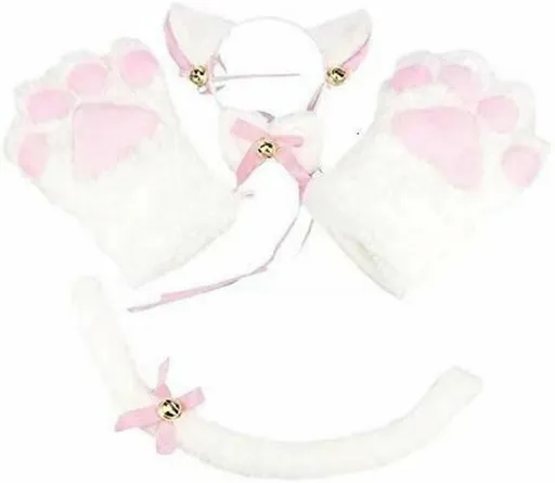 House Of Dasein Kitten Cosplay Costume Cat Tail Ears Collar Paws Gloves Anime Lolita Gothic Set - White