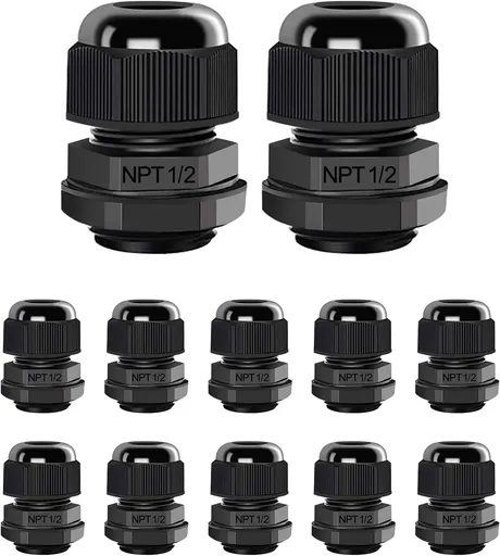12 Pcs 1/2" NPT Cable Glands Nylon PA66, IP68 Waterproof Adjustable Power Strain Relief Cord Grips, Junction Box Wire Gland Grip Connectors with Gaskets and Locknut, Black