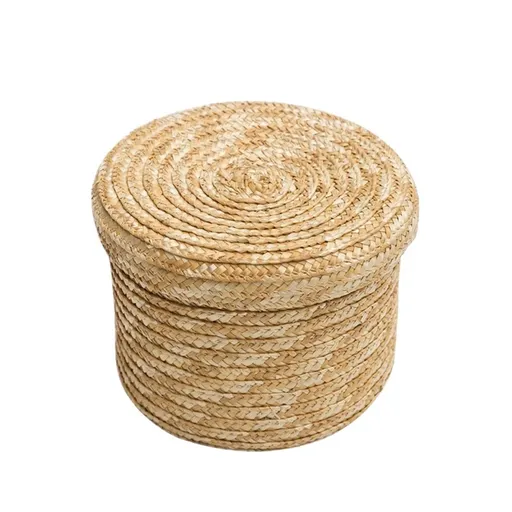1Pc Handmade Straw Woven Storage Basket Lid Snack Organizer Storage Laundry Baskets Rattan Flower Basket Box Storage(22x22x17cm)