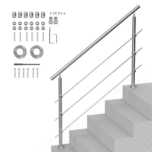 Handrails for Outdoor Steps, 59 in Length 3 Crossbars Stair Hand Rail Kit, Transitional Stainless Steel Railings w/ Installation Kit, Double-column Staircase Handrails for Seniors,Porch & Deck
