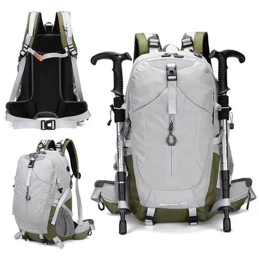 40L Grey Lightweight Outdoor Hiking Backpack with Detachable Suspended Frame & Rain Cover - Waterproof Travel Daypack, Multi-Pocket Storage and Gear Attachments for Trekking Camping Cycling Adventures