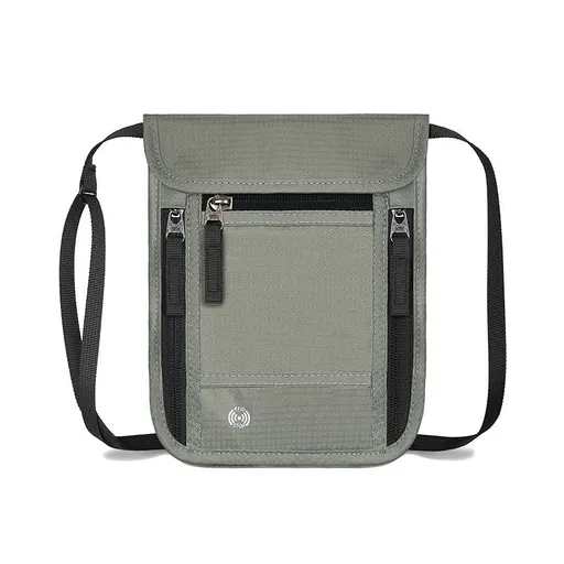 Grey RFID Neck Passport Holder - 16.3 x 22.8 cm Lightweight Nylon and Polyester Crossbody Travel Wallet and Document Organiser for Phone, Cards, Cash and Tickets