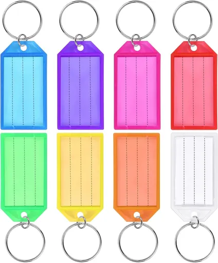 24 PCS Key Tags with Labels, Plastic Key Chain Tags with Transparent Covers and Split Rings for Luggage, Backpacks, Travel, Office, Item Identification, Personalization, 8 Colors