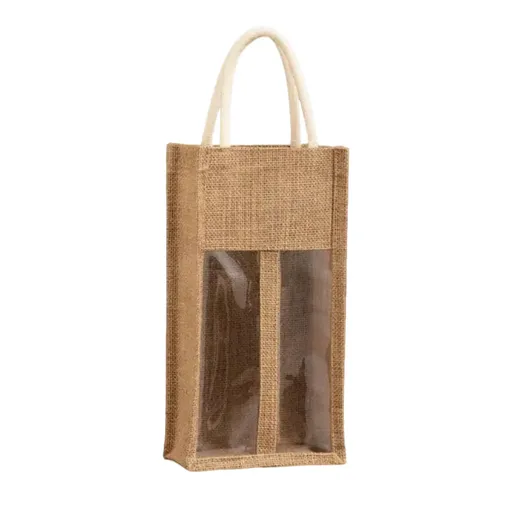 Wine Bottle Bags Durable Jute Linen with Clear PVC Windows 5 Piece Natural Jute
