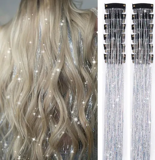 Hair Tinsels Festival Extensions Glitter 12 Piece Clip On Accessory Set 52Cm Long Christmas And New Year Suitable For Women Girls Children (Silver)