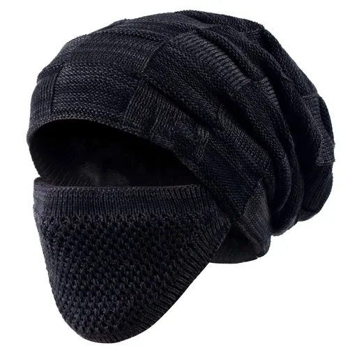 Beanie Hat for Men and Women Winter Warm Hats Knit Slouchy Thick Skull Cap with Face Cover - Black