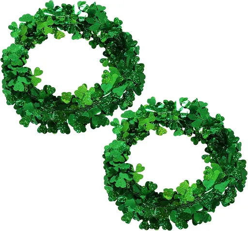2Pcs St Patricks Day Tinsel Garland, 49.2 Ft Green Shamrock Garland Shiny Metallic Twist Garlands Hanging Glitter Clover Wreaths, St Patrick's Day Decorations for Wall Door Home Irish Party Supplies
