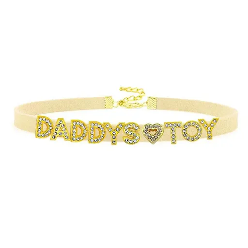 House Of Dasein Sexy Gold Color Letters Daddys Toy Choker Collar Necklace Men Women Ddlg Role Age Play Suede Leather Chocker Cosplay Jewelry - Beige - 32Cm Plus 7Cm - Daddys Toy