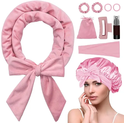 Heat-free hair curlers -Curling rollers- curling set- Blow-dry effect without heat overnight -Soft cap and sleepy bow design -Comfortable curls while you sleep for long hair- pink