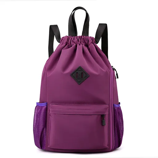 Large Drawstring Backpack Waterproof Gym Bag Lightweight Sports Sackpack with Zipper Pockets for Travel and Swimming Purple