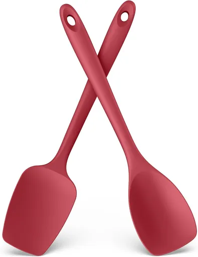 600ºF Heat Resistant Silicone Spoons: Flexible Baking Spoon Spatula & Cooking Scoop Spoonula, Seamless Soft Kitchen Utensils for Serving, Scraping, Scooping in Non-Stick Cookware (Red)