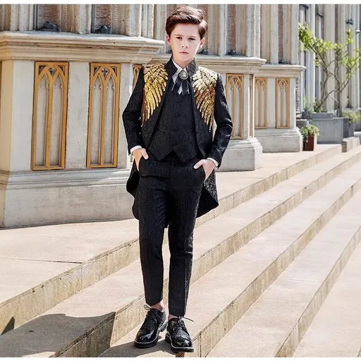 Boys Tuxedo Suit 3 Piece Set Piano Performance Black gold sequined Wings 3-Piece Set: jacket + pants + waistcoat 140cm