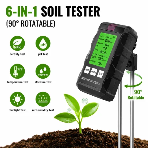 6 in 1 HD Digital Display Soil Tester - PH Moisture Temperature Fertility Light Meter Plant, 90 Degree Rotation and Simple Battery Power