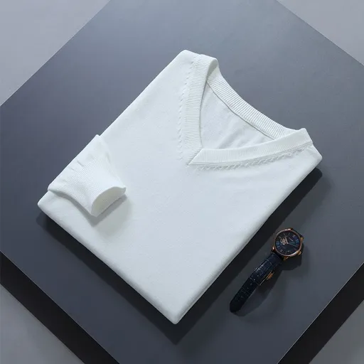 Men V Neck Pullover Knitwear Loose Long Sleeve White
