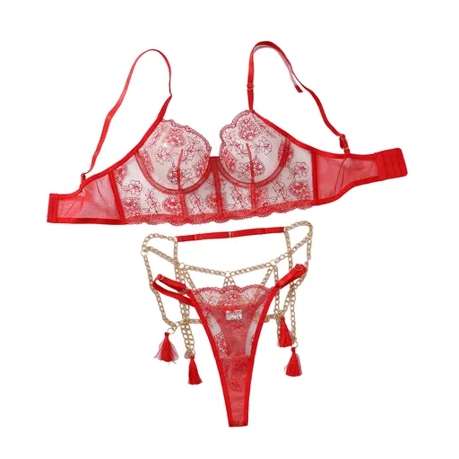 House Of Dasein Flower Embroidery Spliced Mesh Metal Chain Tassel Waistband Fun Four Piece Set - Red - L