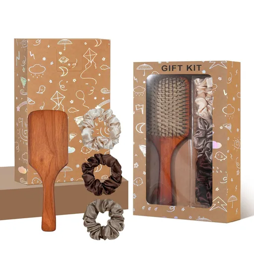 Yellow Paddle Hair Brush Gift Set with Satin Scrunchies - Cushion Airbag Design for Scalp Massage and Detangling, Gift Ready Pack for Women and Girls, Ideal for Daily Hair Care and Styling